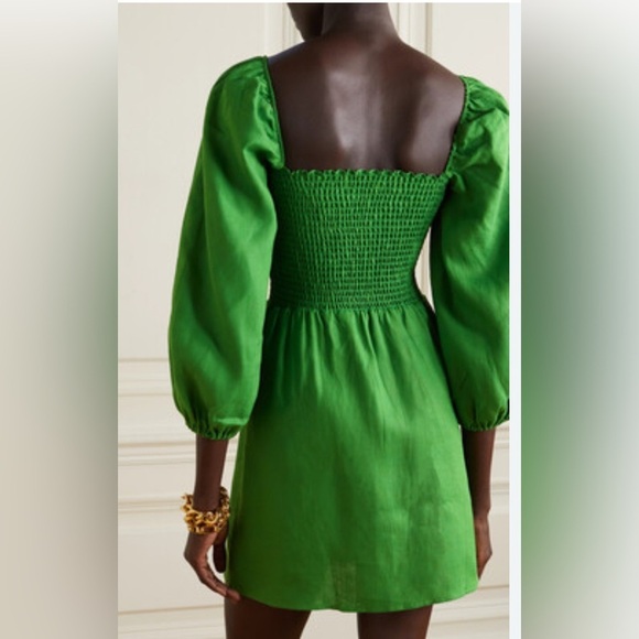 Reformation Dress Greyson Shirred Linen Mini Dress Green XL $245 - Picture 6 of 13